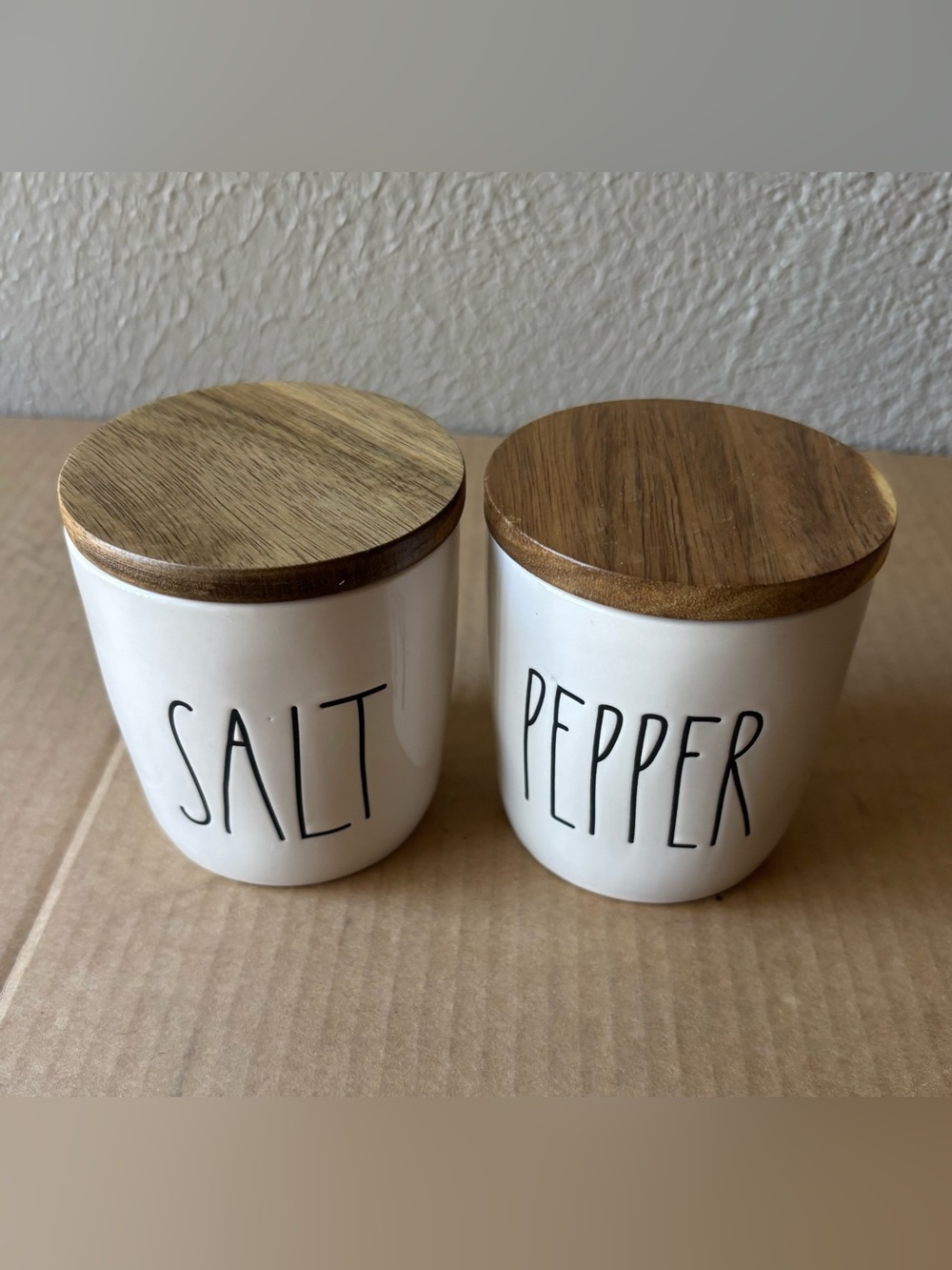 Rae Dunn Salt and Pepper Ceramic Canisters with Wooden Lids - White